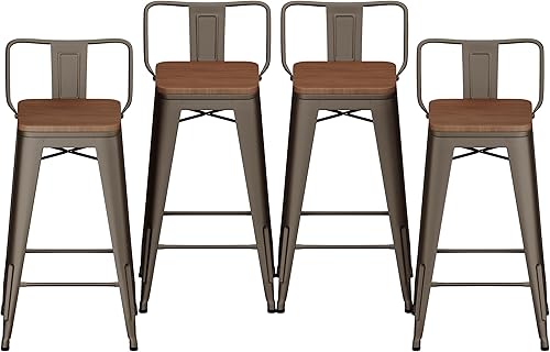 Miniatura 10 de HAOBO Home Taburete de bar de metal industrial moderno para mostrador [juego de 4] silla de comedor (26 pulgadas, asiento de madera blanco con