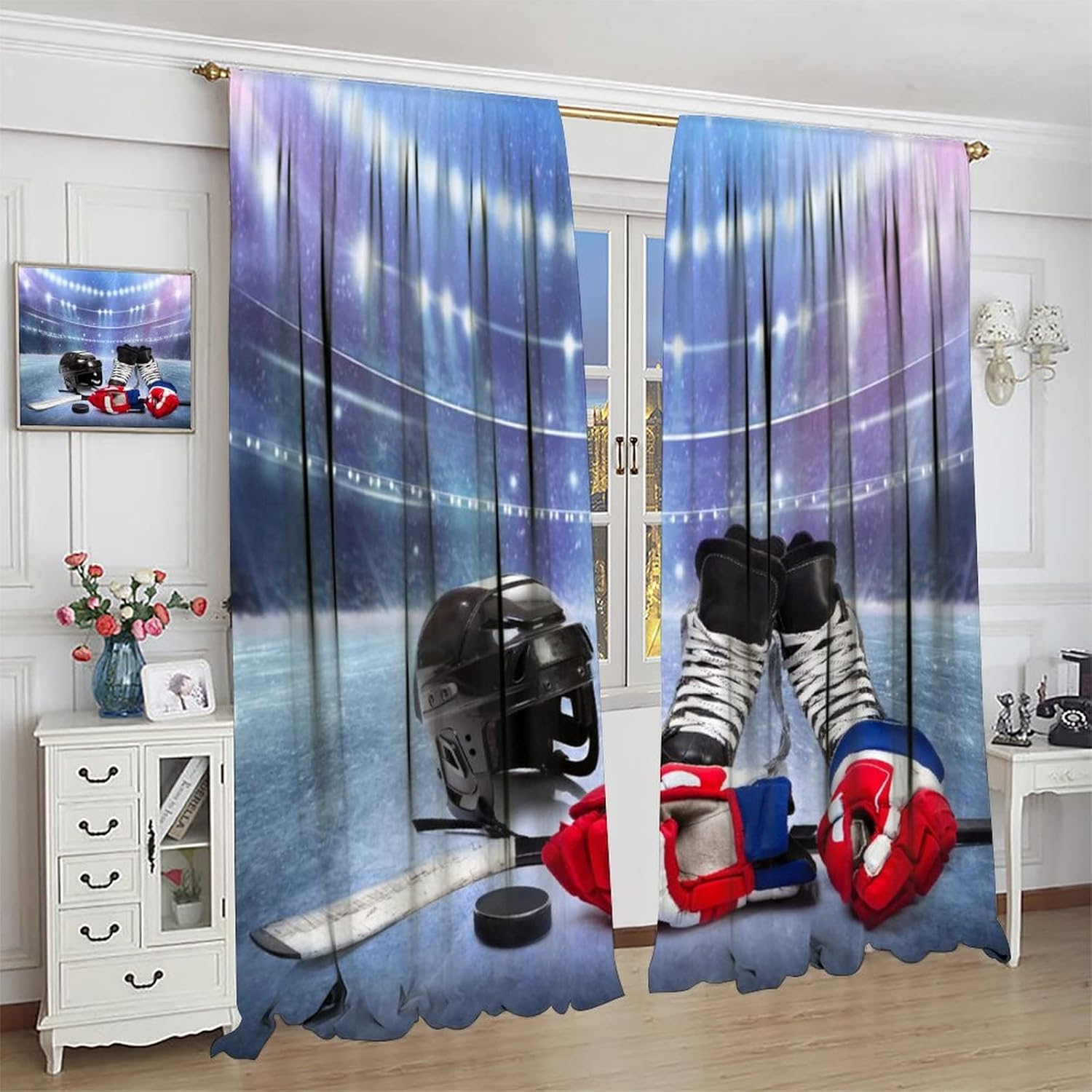 Ice Hockey Gymnasium Rod Pocket Blackout Curtains for Bedroom - Winter Sport Theme Hockey Equipment Decor Window Treatment,Thermal Insulated Room Darkening Curtains 2 Panels 63L x 31.5W