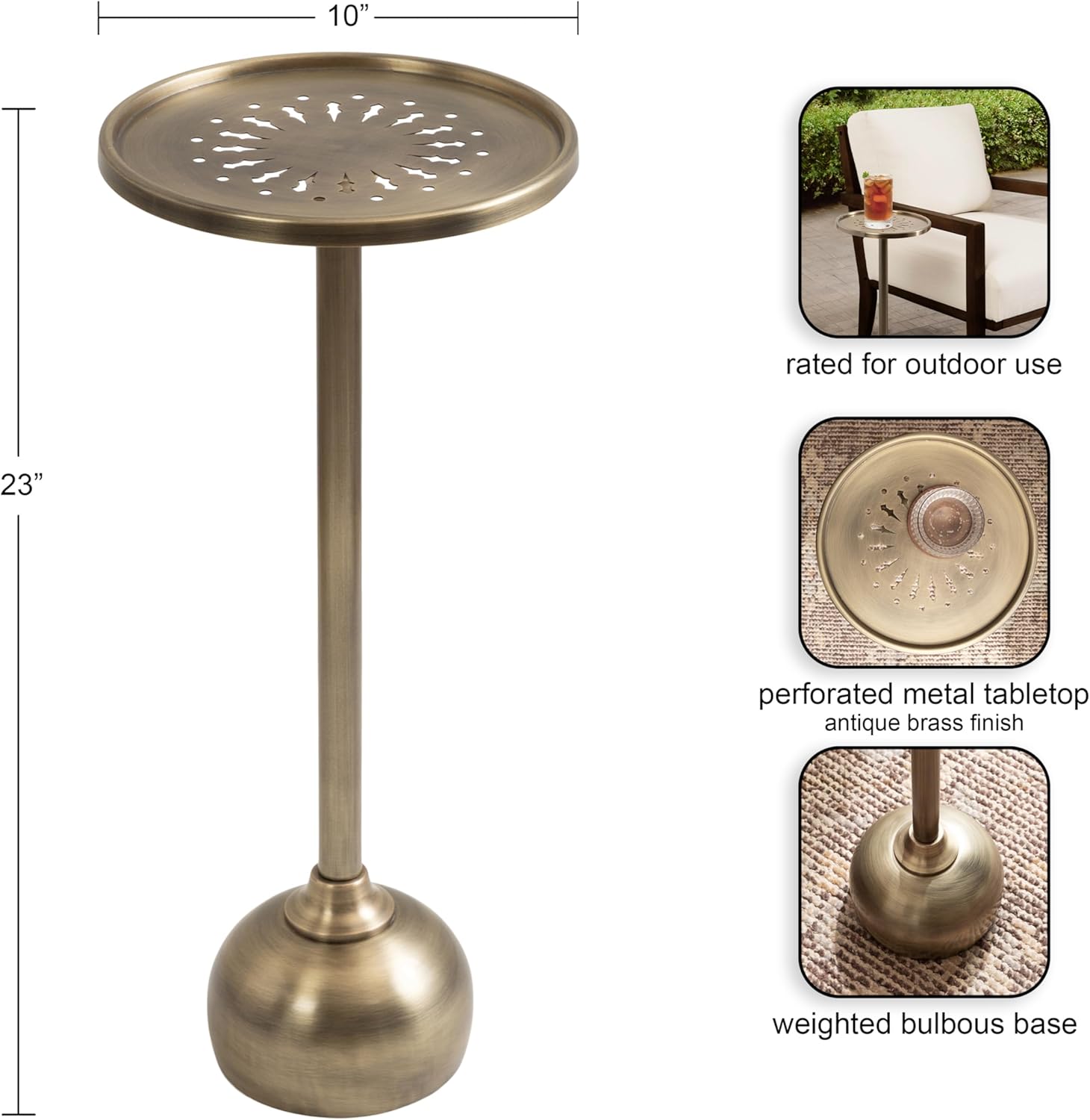 Kate and Laurel Miki Modern Pedestal Drink Table; 10 x 10 x 23; Antique Brass; Decorative Accent Patio Table for Use as Plant Stand Indoors or Outdoors or as a Living Room Martini Table