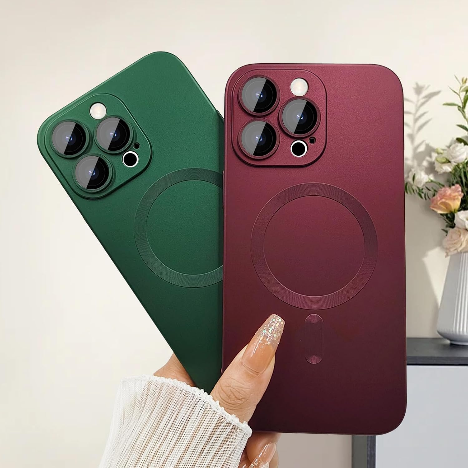 DIZORO Magnetic Case for iPhone 15 Pro Case [Compatible with MagSafe][Built-in Camera Lens Protector] Slim Soft Silicone Bumper Shockproof Metallic Luster Back Cover Phone Case - Wine Red — Amazon image 3