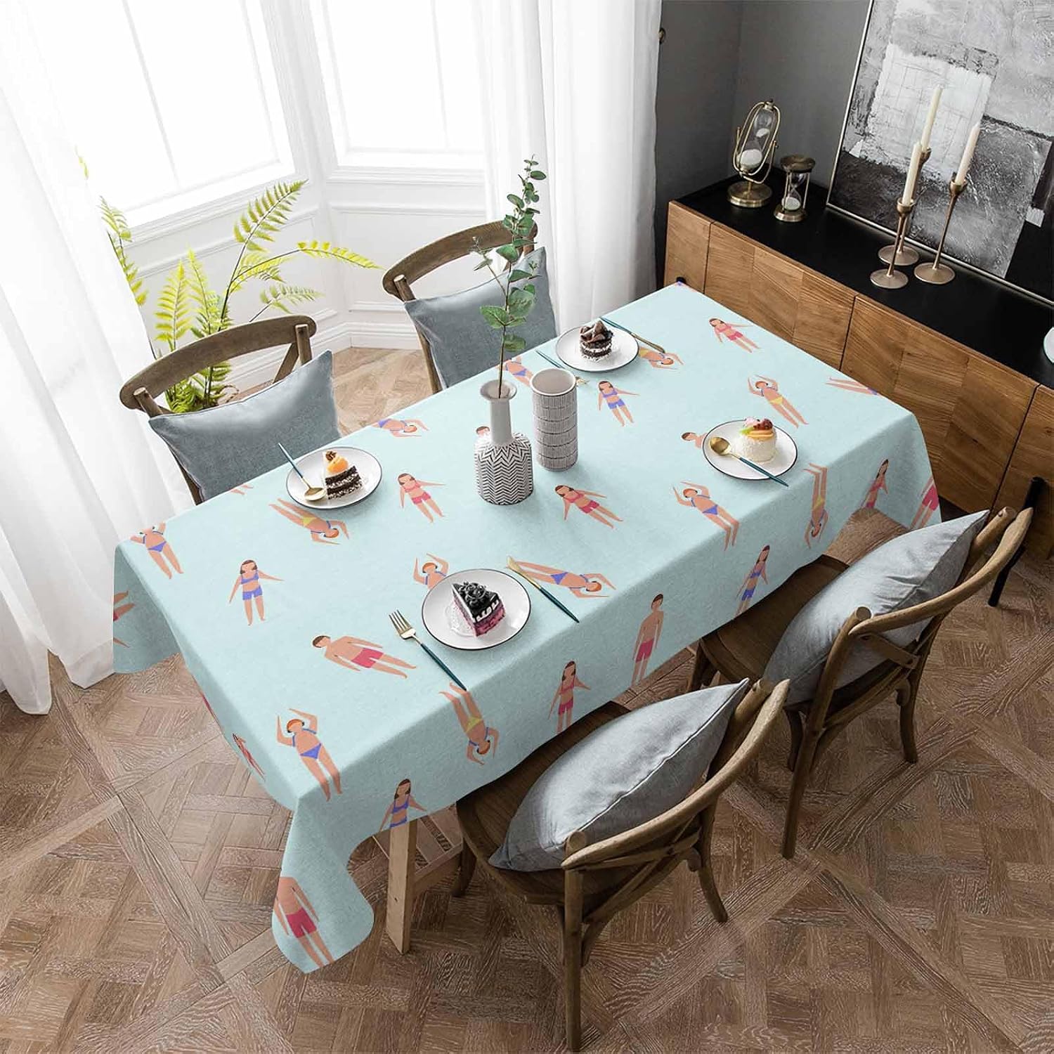 Summer Swimmers Rectangle Tablecloth, Cartoon Swimming Girls Boys Sports Waterproof & StainResistant Tablecloth, Washable Oil-proof Table Cover for Dining/Party/Wedding/Camping/Buffet 60x84 In