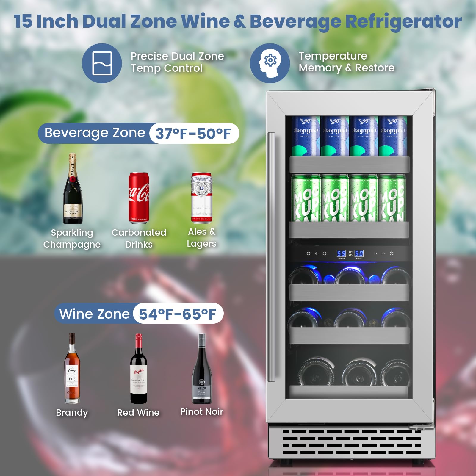 Wineboss 15 Inch Wine And Beverage Refrigerator, 13 Bottle & 48 Cans Dual Zone Wine Cooler, 37-65°F, Freestanding/Under Counter Beverage Fridge With Glass Door Stainless Steel Shelves on Fridge.com - View 3