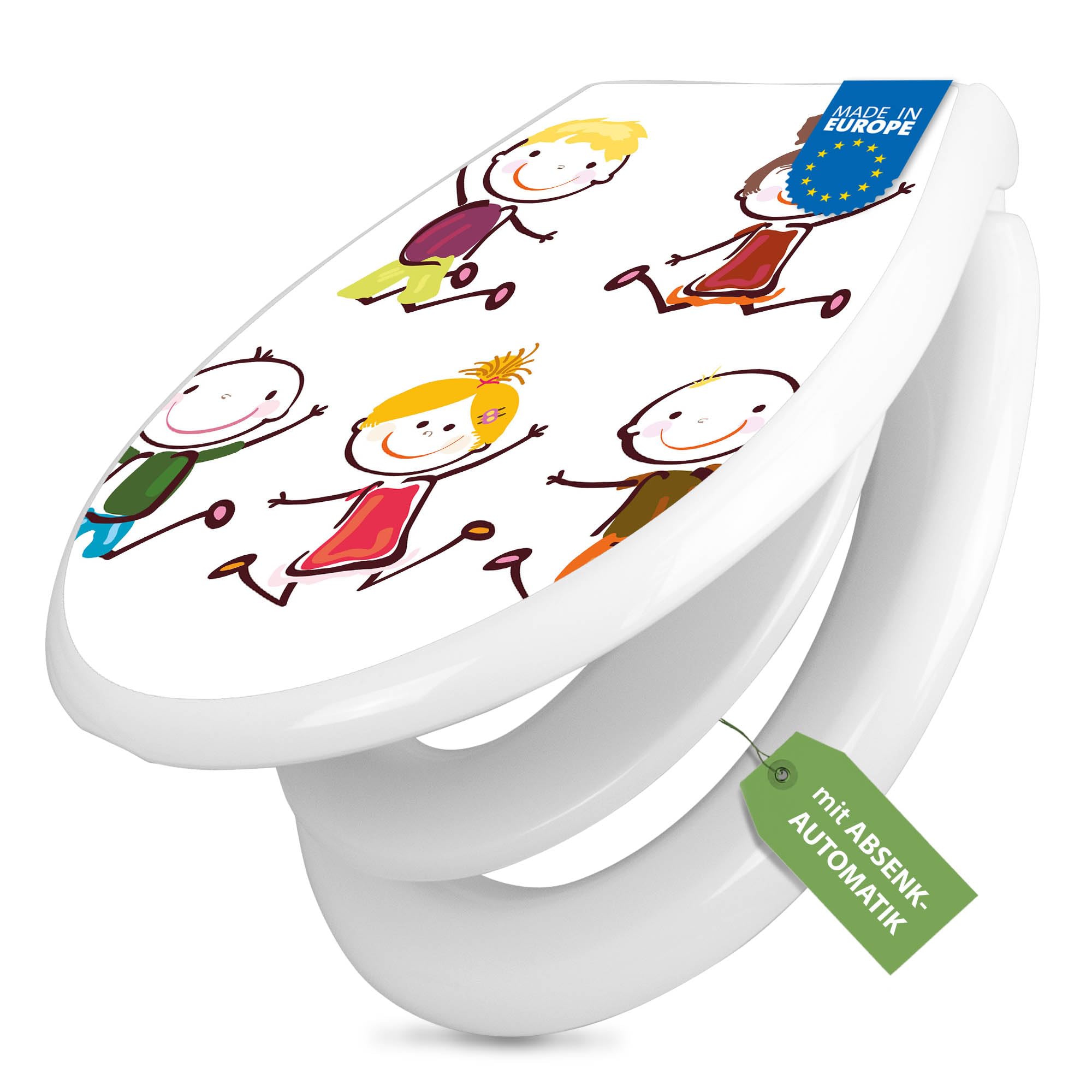 banjado Familien WC Sitz mit Absenkautomatik 44,9x37,1cm - Klobrille mit Kindersitz aus hochwertigem Polypropylen - Toilettendeckel mit Kinder Toilettensitz integriert - Motiv Happy Kids