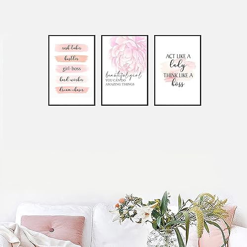 Miniatura 6 de Marco de lienzo de 3 piezas con citas inspiradoras, flores rosas, pósteres de arte de pared, impresiones de cuadros, para niñas, mujeres,