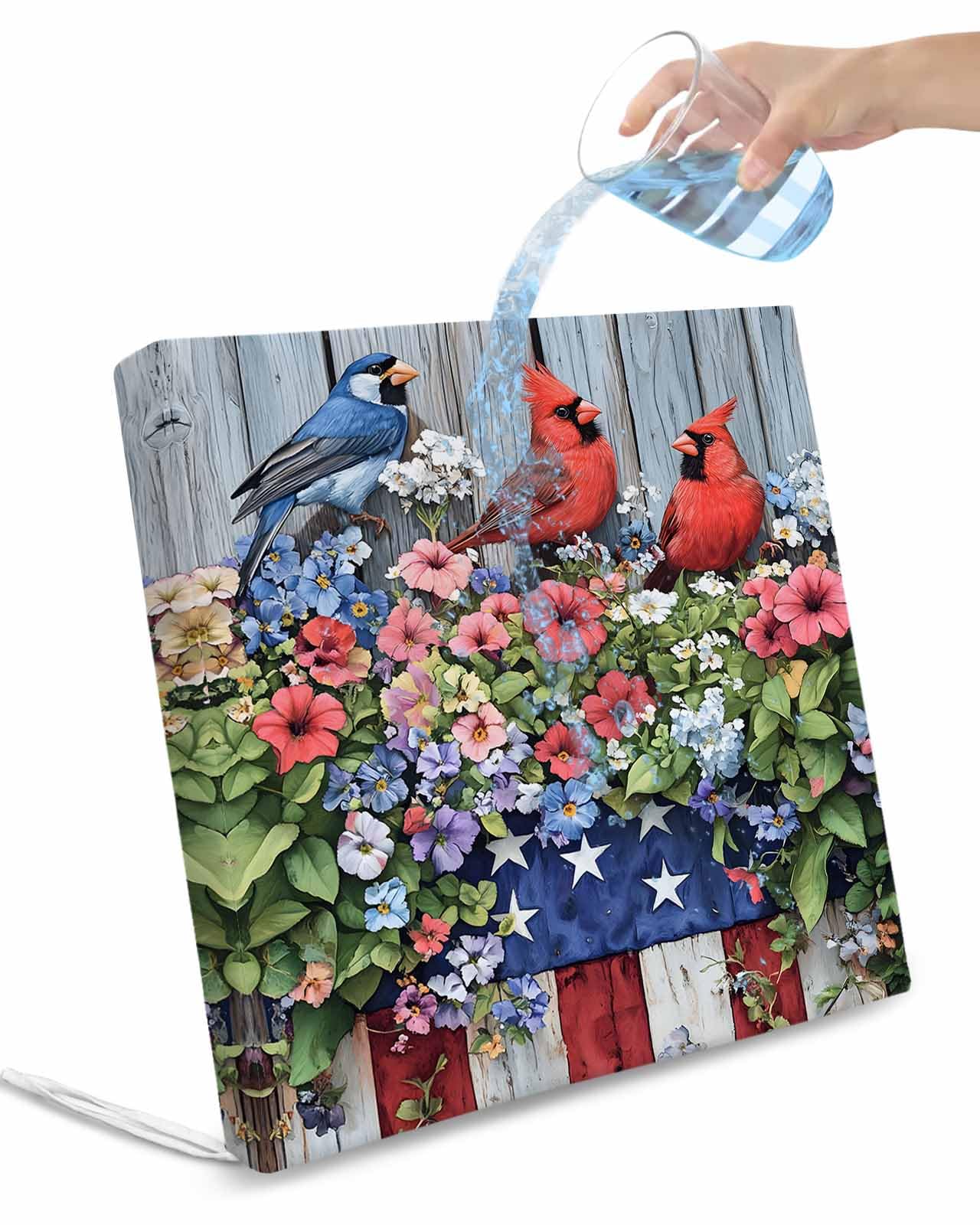 2 Pack Red Blue Flower Waterproof Cushion Covers with Ties, Outdoor Patio Chaise Lounge Chair Seat Cushion Slip Covers Replacement(Only Cover) Patriotic Poppy Bird Stars Stripes Flag 22