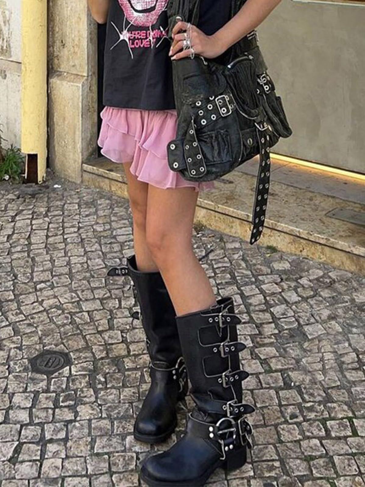 ORANDESIGNE Damen PU Leder Biker Stiefel mit Blockabsatz Mittlerer Wade Reitstiefel Retro Western Cowboy Stiefel Gürtel Schnalle Motro Stiefel Mode Ritterstiefel