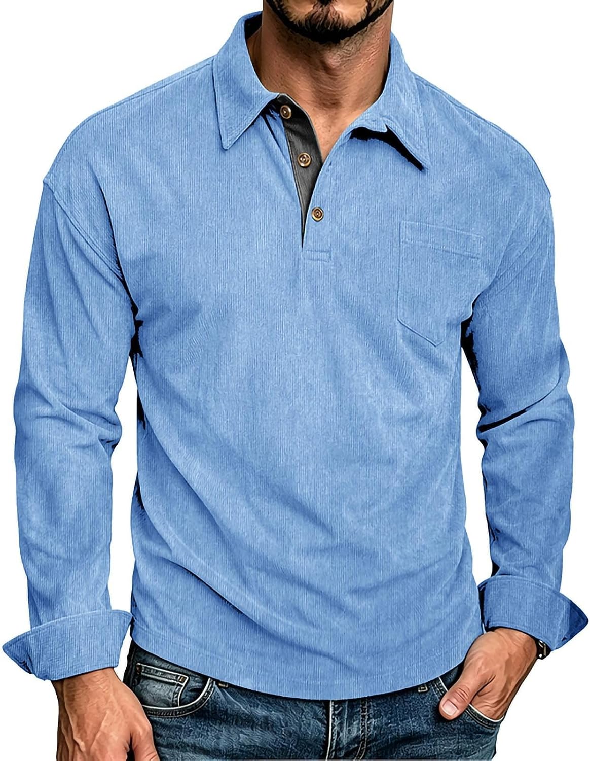 Men Corduroy Shirts Long Sleeve Casual Button Sweatshirts | Vintage Ribbed Texture, Contrast Inner Placket, Spread Collar Pullovers, Relaxed Dropped Shoulders, Rugged Fall Layering