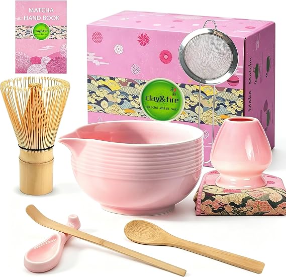 Clay&Fire Matcha Whisk Set, 9 pcs Ceramic Matcha Set for Beginner | ,Matcha Bowl with Spout and Whisk, Matcha Kit for Matcha Lovers, Ideal Gift Christmas, Birthday, Anniversary (Pink)
