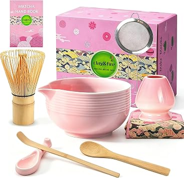 Clay&Fire Matcha Whisk Set, 9 pcs Ceramic Matcha Set for Beginner | ,Matcha Bowl with Spout and Whisk, Matcha Kit for Matcha Lovers, Ideal Gift Christmas, Birthday, Anniversary (Pink)