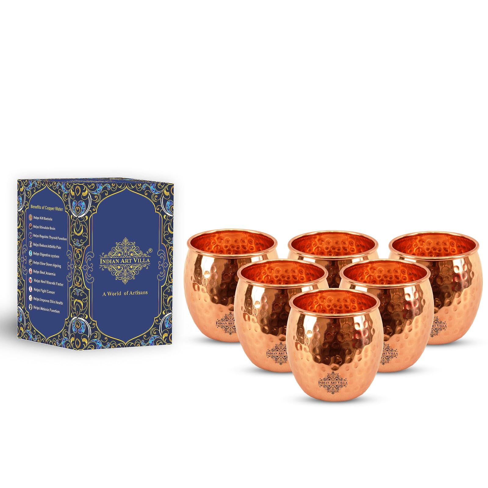 Indian Art Villa Copper Hammered Tumbler 20 Oz Set of 6 Handcrafted Round Copper Glasses Elegant Drinkware for