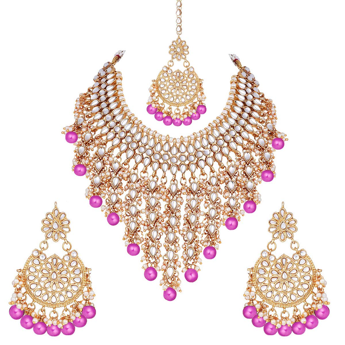 AheliIndian Traditional Ethnic Bollywood Kundan Necklace Earrings and Maang Tikka Set Jewelry for Women