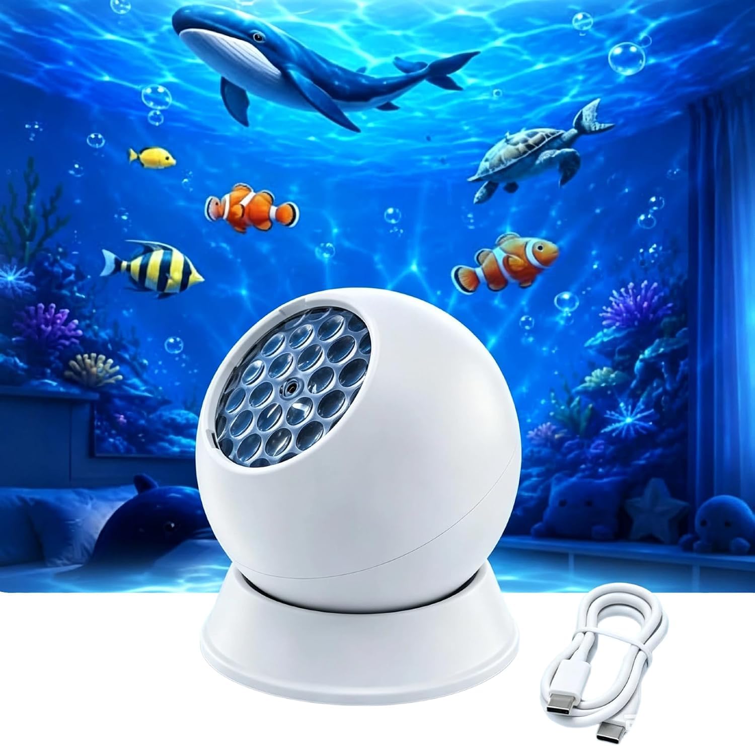 360° Dynamic Rotating LED Ocean Wave Night Projector Light, Soft Ambient Night Light, Adjustable Multi-Angle Base, USB Powered for Bedroom, Meditation, and Relaxing Room décor