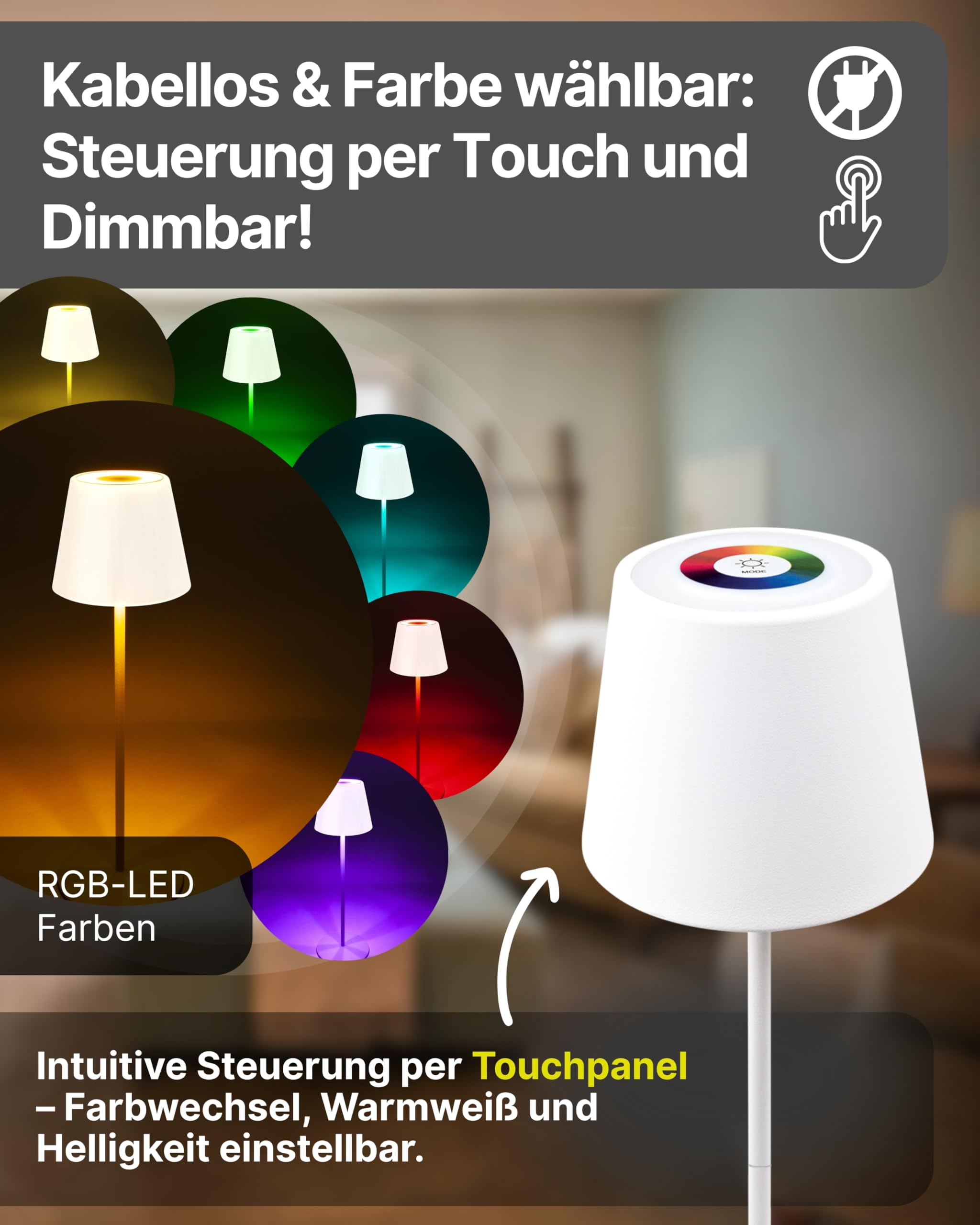 SCHWAIGER Tischleuchte I teilbare LED Tischlampe mit Touch-Steuerung I Akku-Lampe mit RGB und warmweiß I IP44 geschützt und aufladbar per USB-C I kabellose Lampe für Indoor & Outdoor