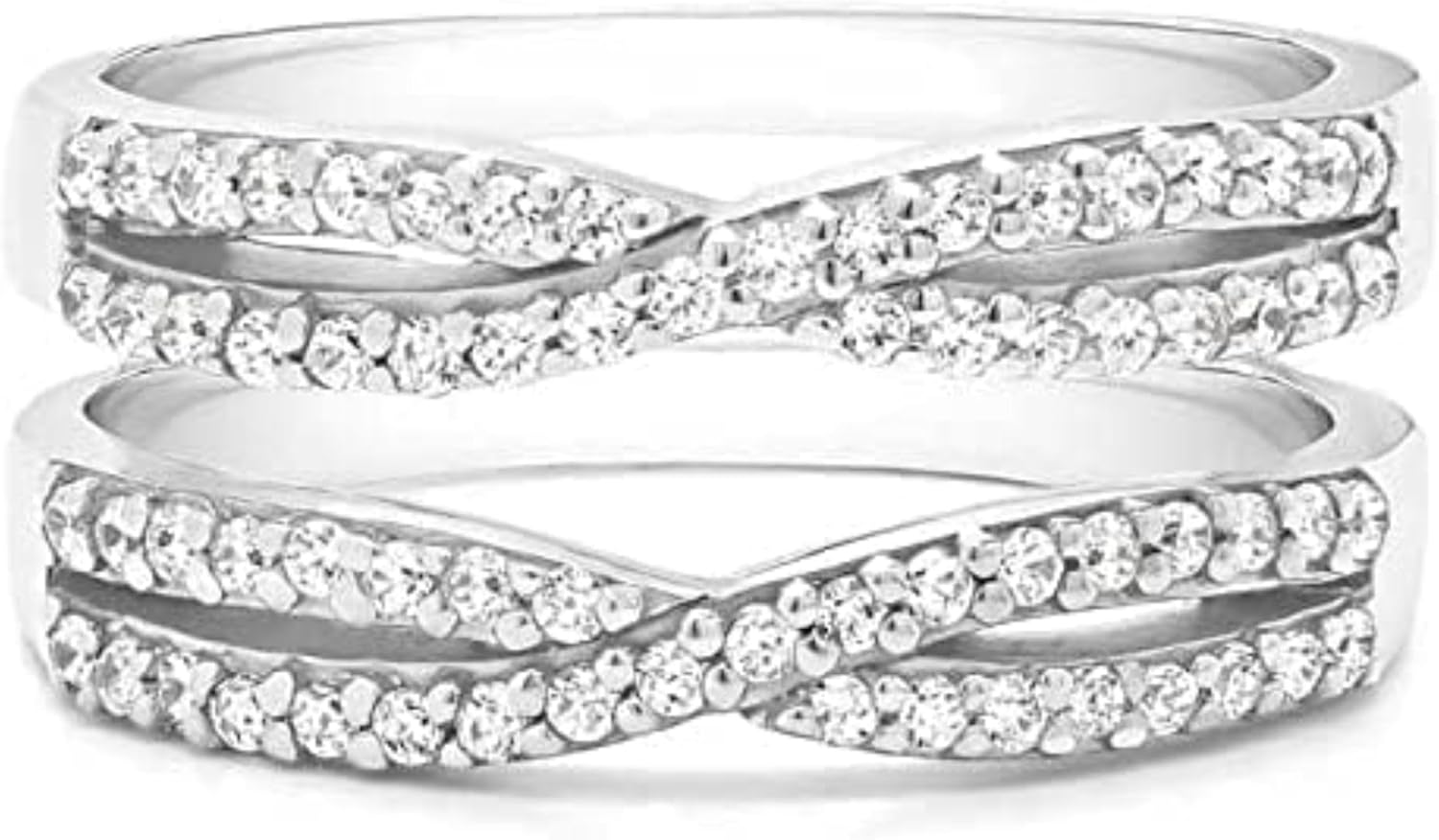 Real 925 Sterling Silver 14K White Gold Plated Round Cut White Diamond Double Row Twisted Enhancer Guard Ring Wedding Gifts for Women
