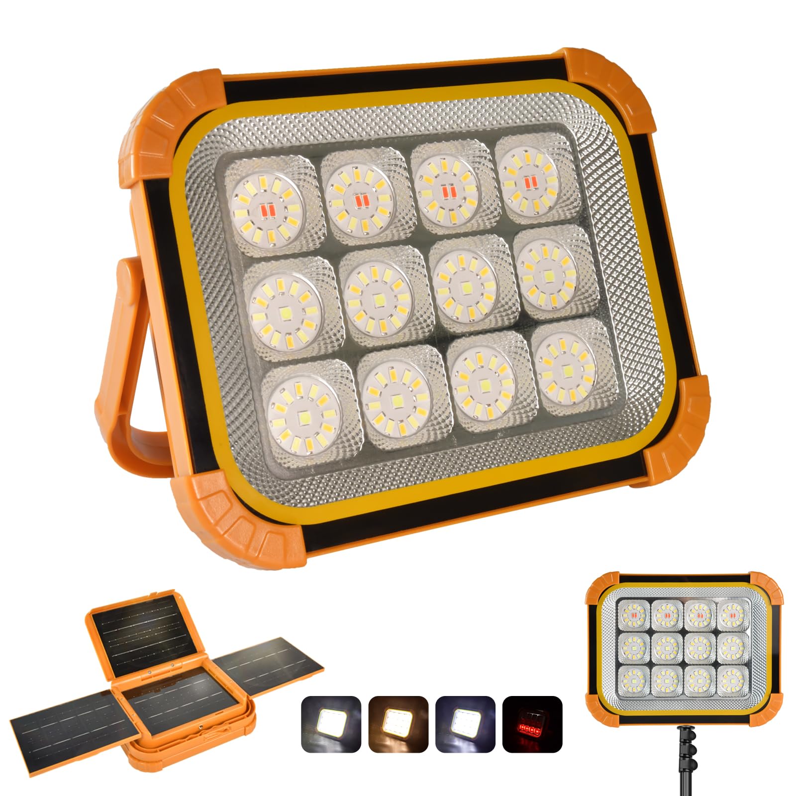 Solare Faro Led Ricaricabile Lavoro 24000mAh con Luminosità Regolabile in Continuo, Faretto a Batteria per Campeggio, Cantieri Edili, Illuminazione di Emergenza