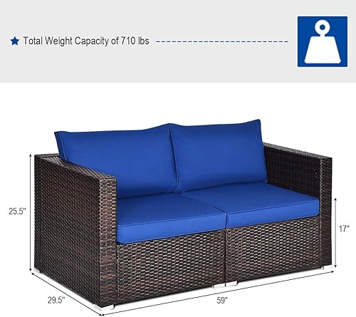 Vista 21 de Tangkula - Sofá de mimbre con cojines extraíbles, 2 piezas, sofá para balcón, terraza, jardín y piscina