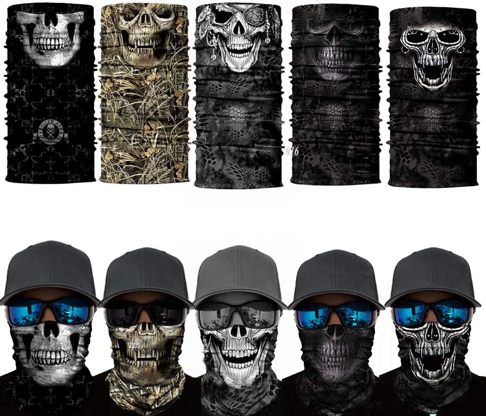5 Pack 3D Skull Face Camo Balaclava Fishing Cycling Outdoor Skeleton Sun Scarf Neck Scarf Headwear UV for Women Men Hunting Hiking Camping