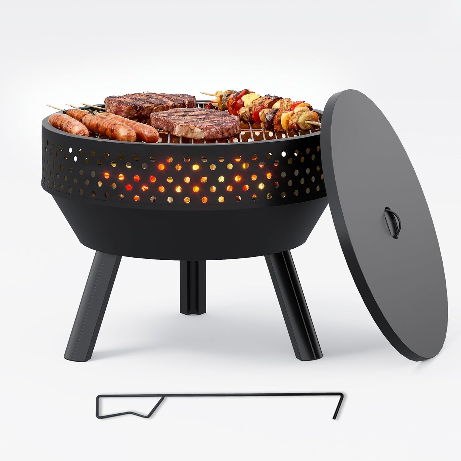 Brasero Exterior Jardin 54.6 cm con Rejilla de Parrilla, Brasero Multifuncional Portátil de Leña con Bolsa Impermeable y Atizador, para Exterior, Fogata y Camping, Bowl de Fuego para BBQ