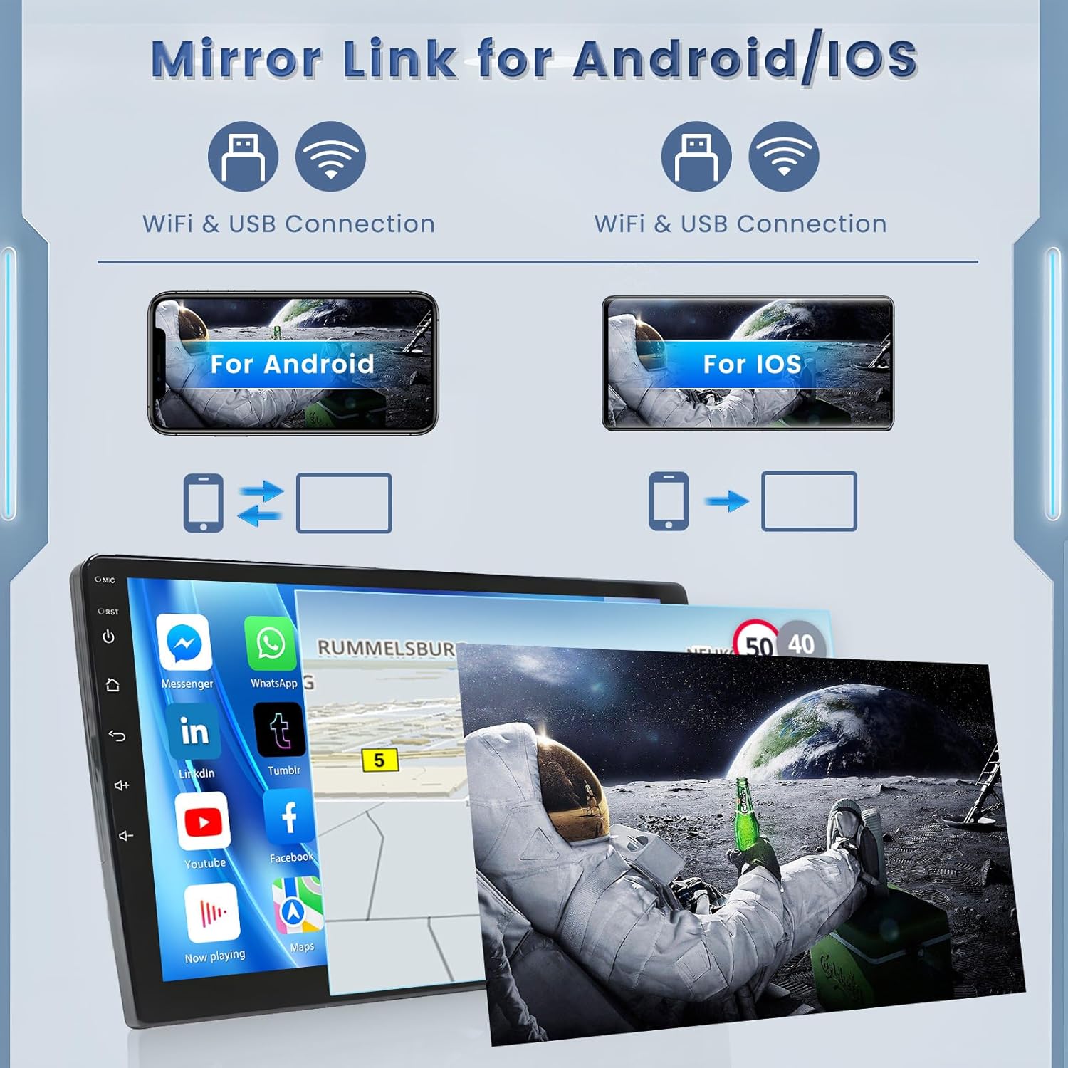Car stereo display showing GPS navigation and various apps accessible via WiFi connection.