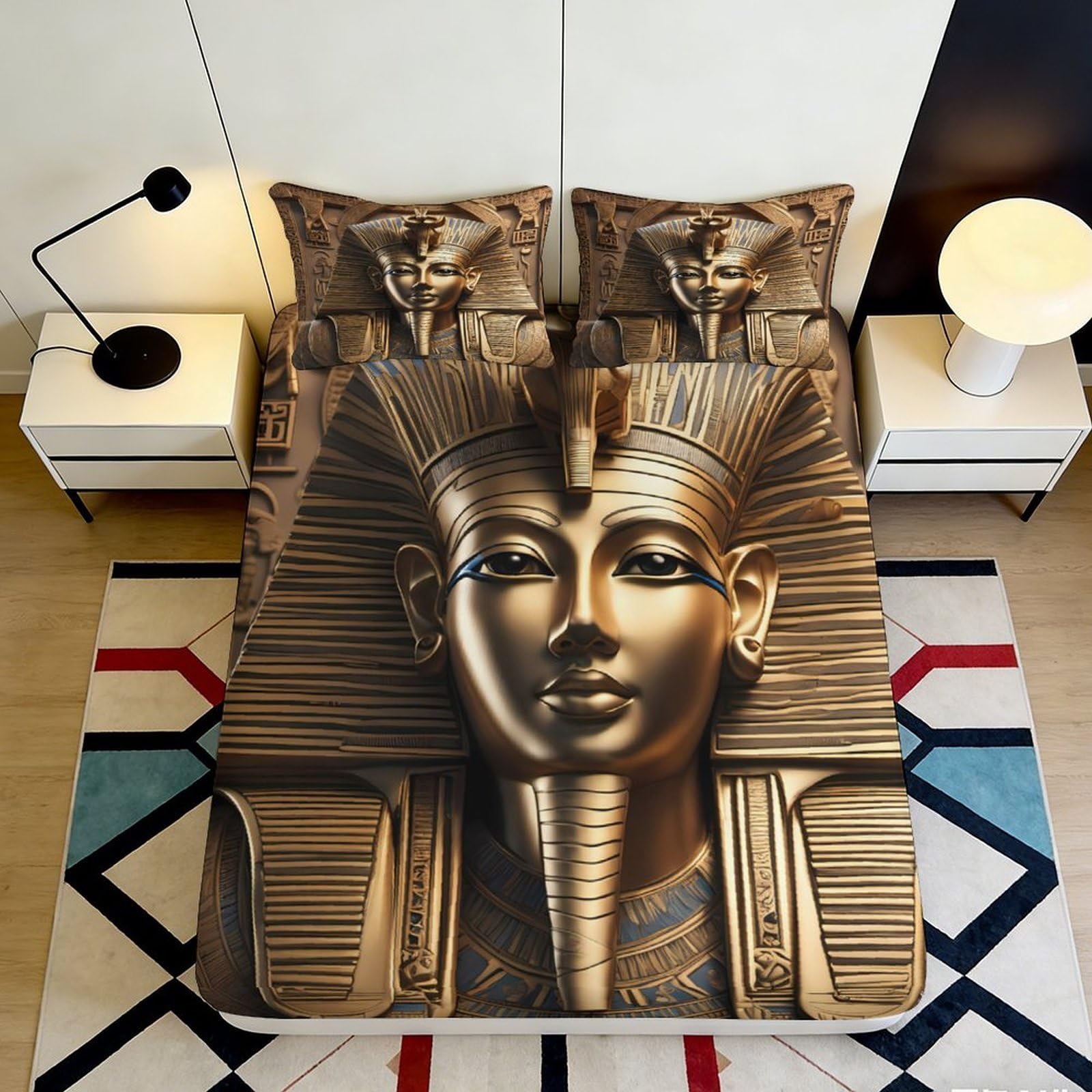 3D Printed Pharaoh Fitted Sheet Deep Pocket Microfiber, Non-Slip Full Wrap, Bedroom Bedding Pharaoh Mattress Fitted Cover Washable 200x200x25cm 90x200x25cm