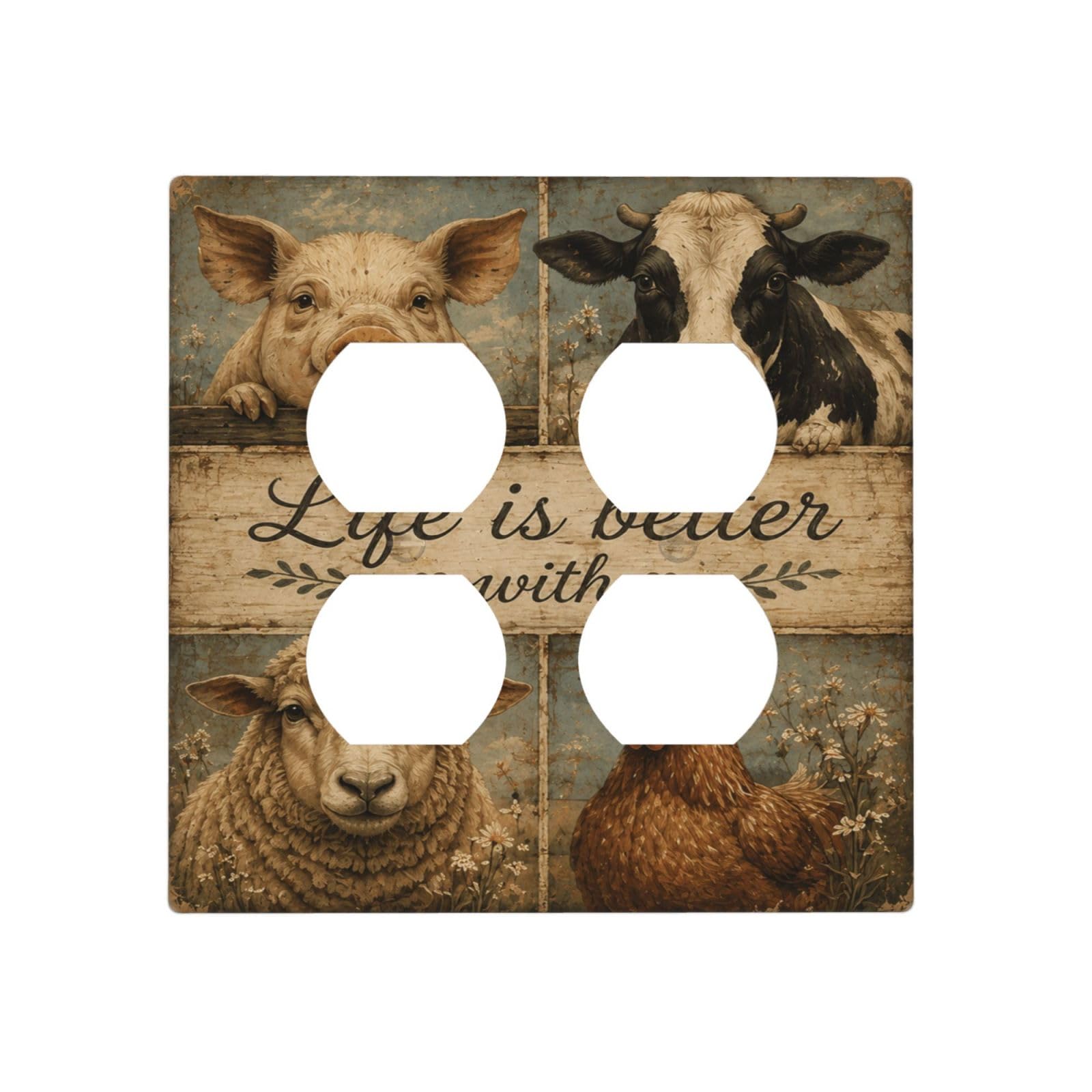 Xuejiaku Decorative Outlet Covers Vintage Farm Animal 2-Gang Duplex Light Switch Covers Gfci Wall Plate Rustic Pig Cow Sheep Chicken Print Receptacle Switchplate for Bedroom Decor