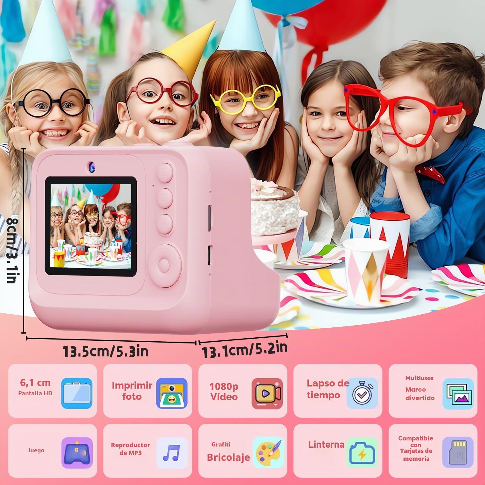 Cámara Fotos Infantil Instantánea, Cámara Niños Full HD 1080P con Pantalla de 2,4 Pulgadas, Tarjeta de 32 GB y 3 Rollos de Papel de Impresión, para Niños y Niñas de 3 a 12 Años (Rosa)