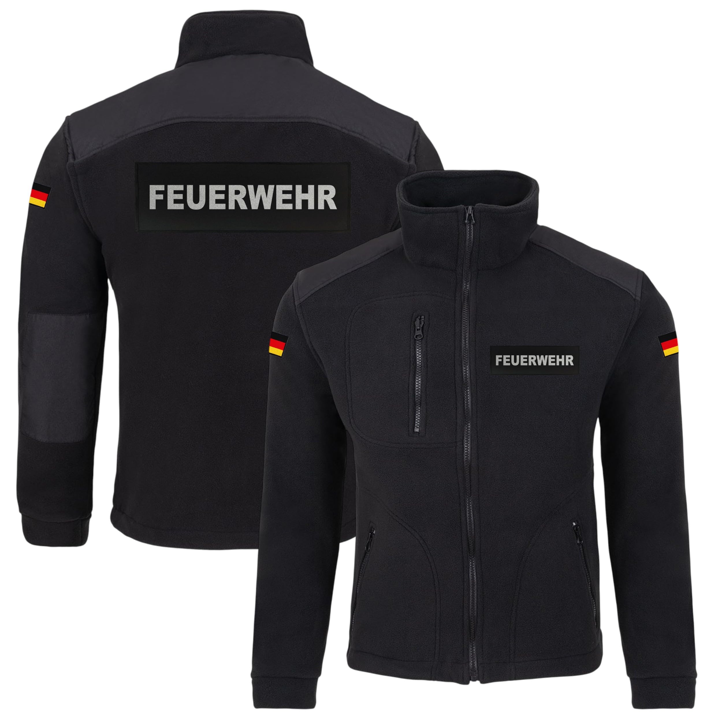LOCO Feuerwehr Fleecejacke Herren – warme Einsatzjacke mit Reißverschluss, Verstärkungen, reflektierendem Druck vorne und hinten, Sweatjacke bedruckt mit Reflexsilber