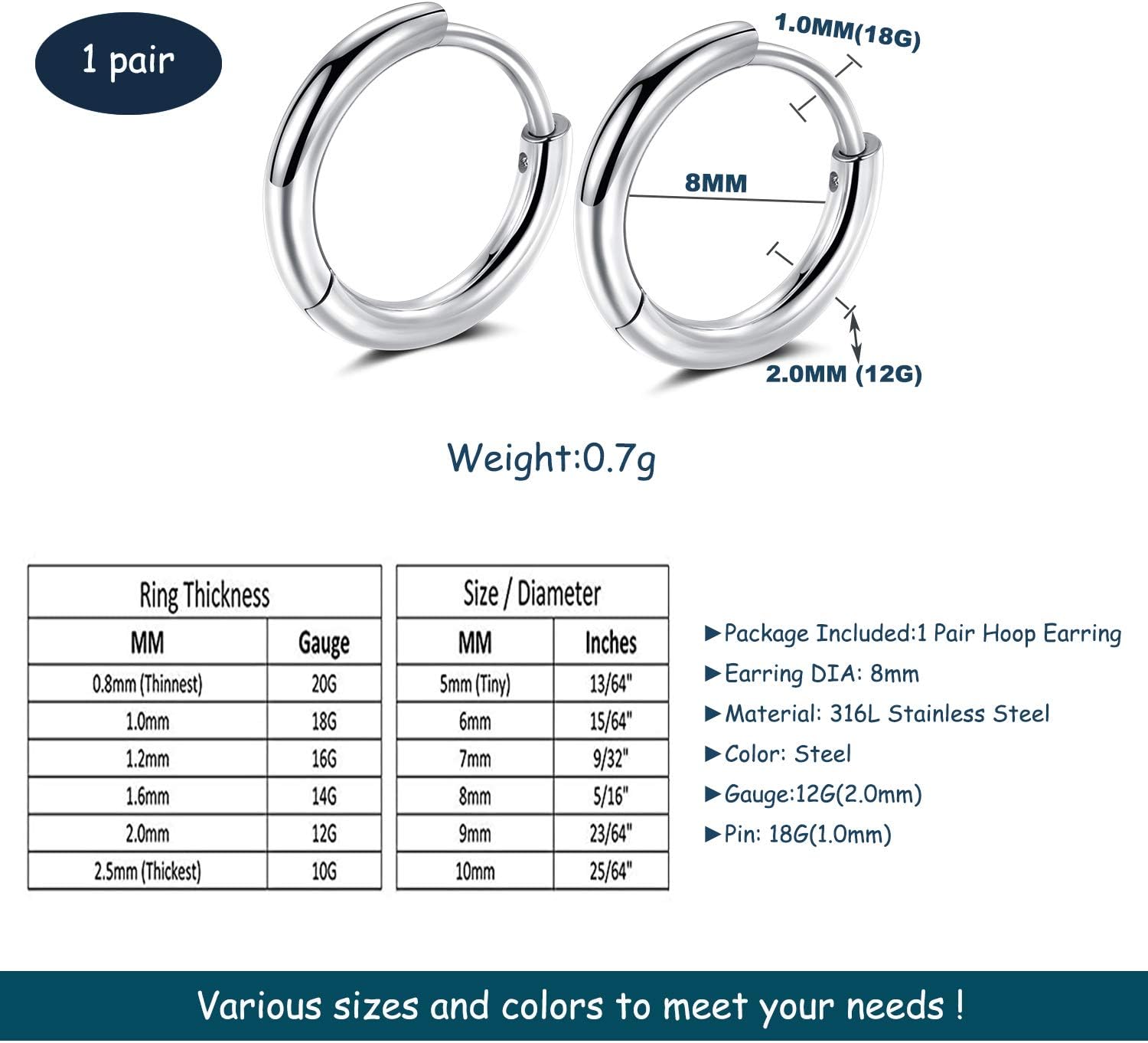 316L Surgical stainless steel hoop earrings 8mm/10mm/12mm Hypoallergenic Huggie Earrings Small Hoop Sliver Black Sleeper Earrings For Women Men - Image 2