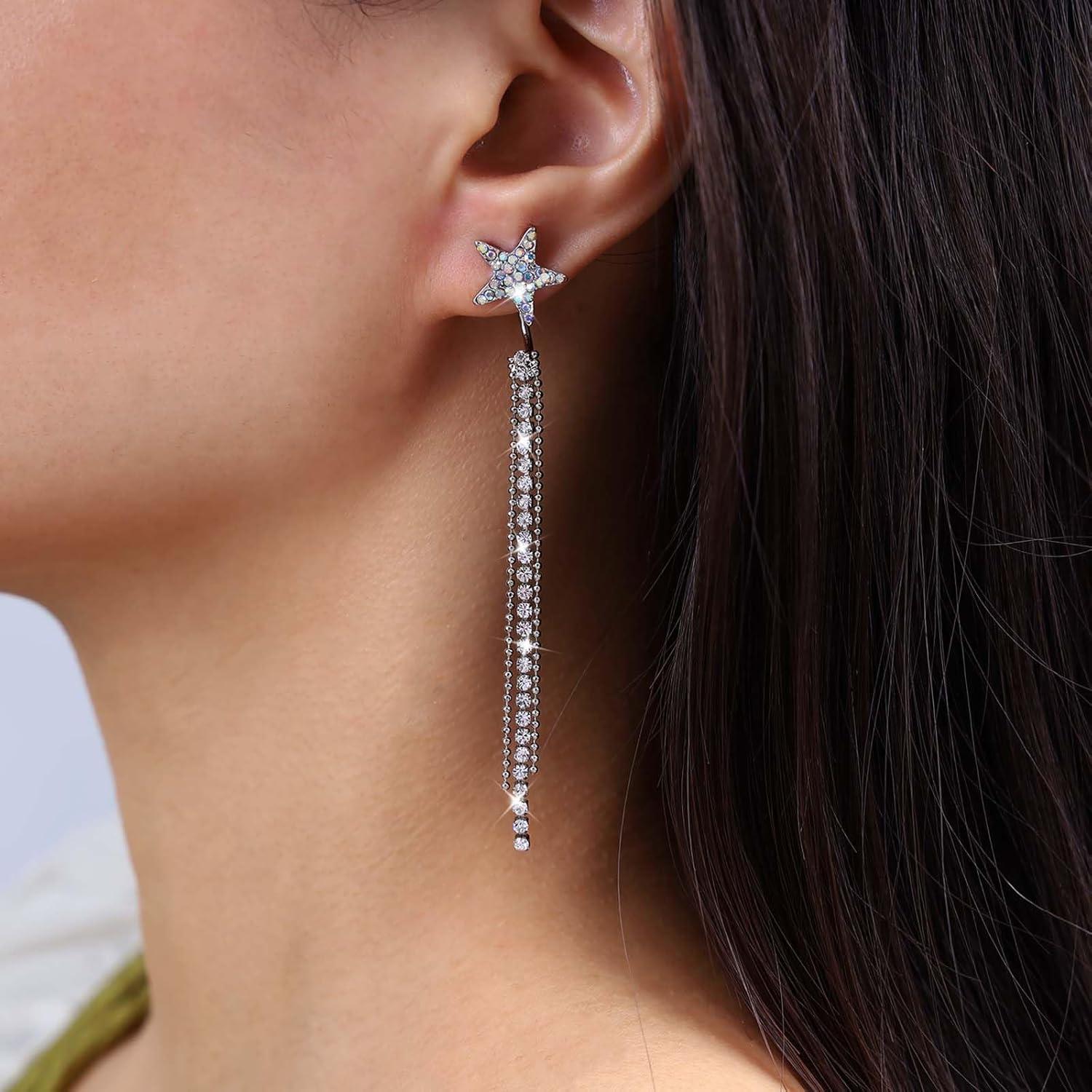 Boho Long Rhinestone Tassel Earrings Small Crystal Star Stud Earrings Cz Chandelier Drop Earrings Silver Tennis Chain Earrings Crystal Celestial Star Earrings Jewelry for Women - Image 2