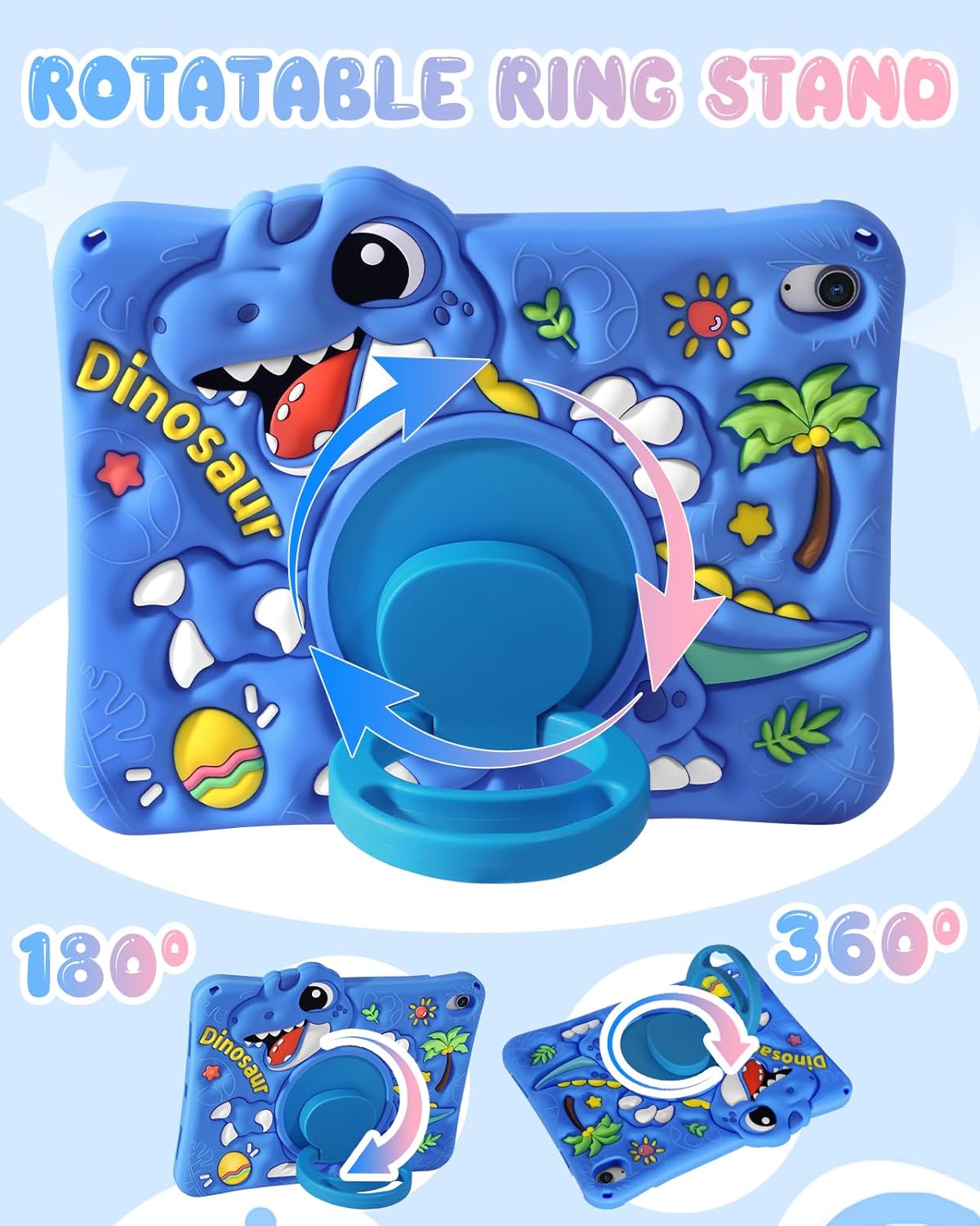 Boaretiu Tablet Case - Cute Cartoon Silicone Cover with Adjustable Shoulder Strap & Rotating Stand for Kids Boys Girls, for iPad 11th(A16) 2025 11 inch/10th Generation 10.9" 2022 Case, Blue Dinosaur
