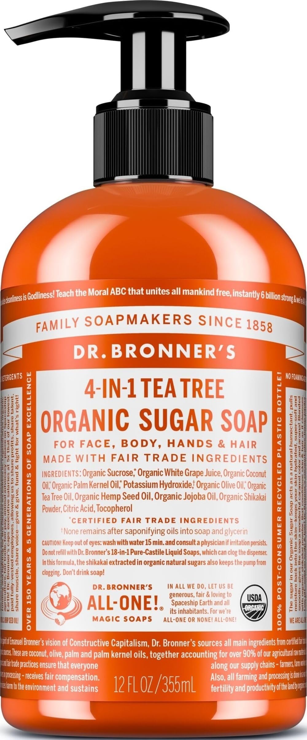 Organic Sugar Soap (Tea Tree, 12 Ounce) - Made with Regenerative Certified Organic Oils, Sugar & Shikakai Powder, 4-in-1 Use: Hands, Body, Face and Hair- Liquid Soap, Nourishes