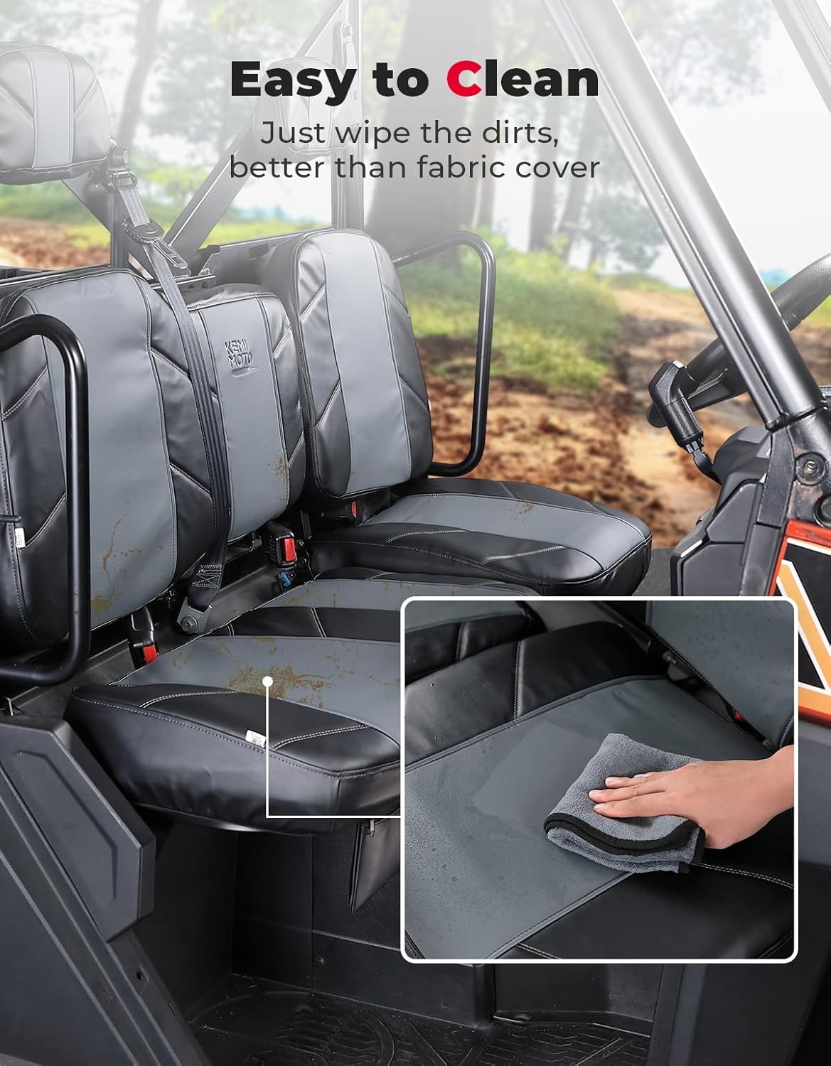 KEMIMOTO UTV Leather Seat Covers w/Pocket Soft Cushion Compatible with Polaris Ranger XP 1000/Crew 2017-2021, Ranger 1000/Crew 2020-2024 Stylish 60/40 Split Bench Seat Cover Waterproof Accessories