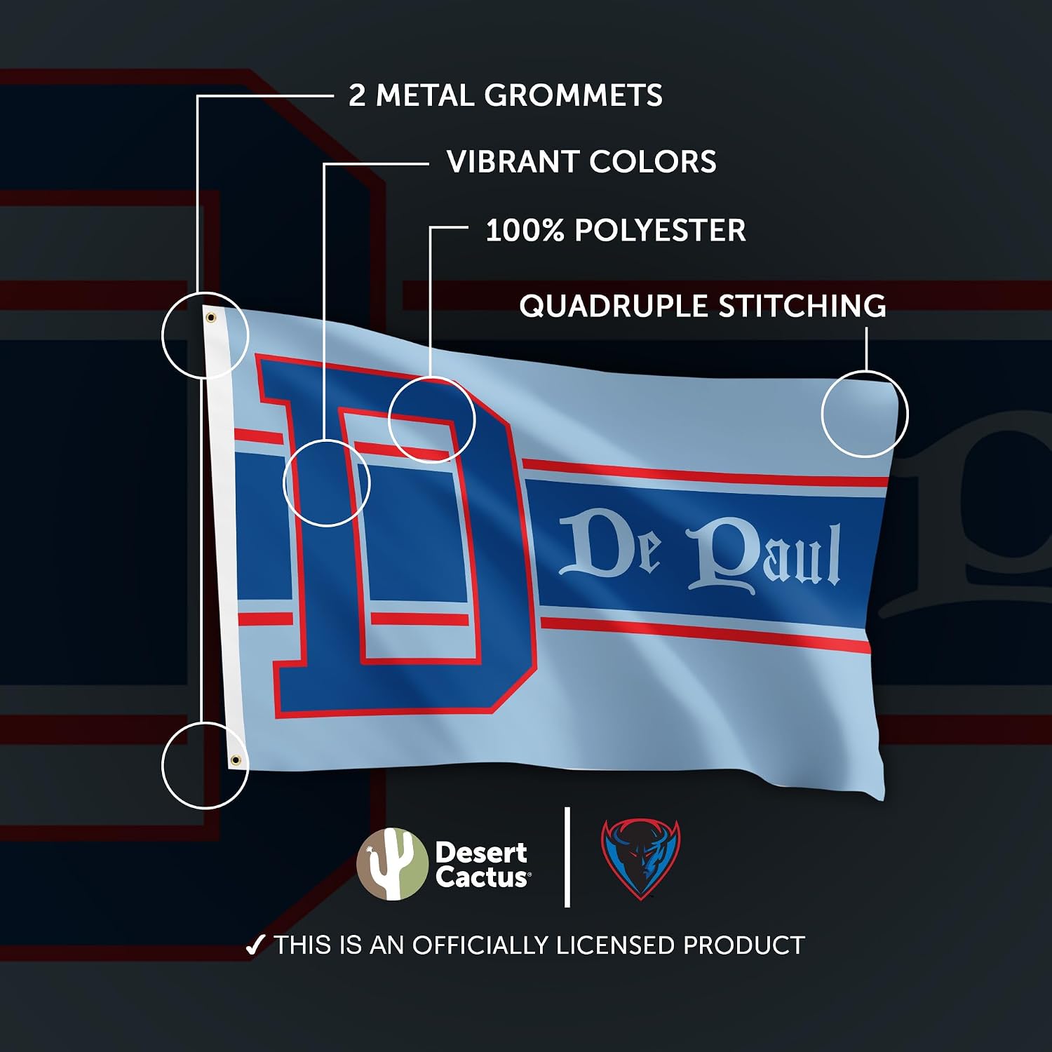 Desert Cactus DePaul University DPU Flag - 3 x 5 Feet Demons Banner, Indoor/Outdoor Durable Fabric, 100% Polyester Design (Style Vintage A)