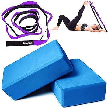 AJRO DEAL Yoga Belt/Strap with 8 Loop & High Density Yoga EVA FOAM Blocks/Brick for Back Support Bend, Yoga Session, Meditation, Improve Strength, Balance And Flexibility For Unisex