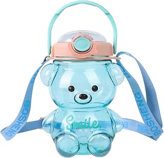 Kawaii Bear Straw Bottle，Large capacity bear water bottle with Strap and Straw , Cute Portable Bear shaped water Bottle Adjustable Removable Strap for outdoor and school activities(blue)