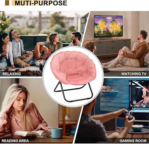 Miniatura 7 de Grezone Silla plegable con platillo, silla Lazy Moon con marco de metal, cómodas sillas de dormitorio para dormitorio, sala de estar, estudio, rosa