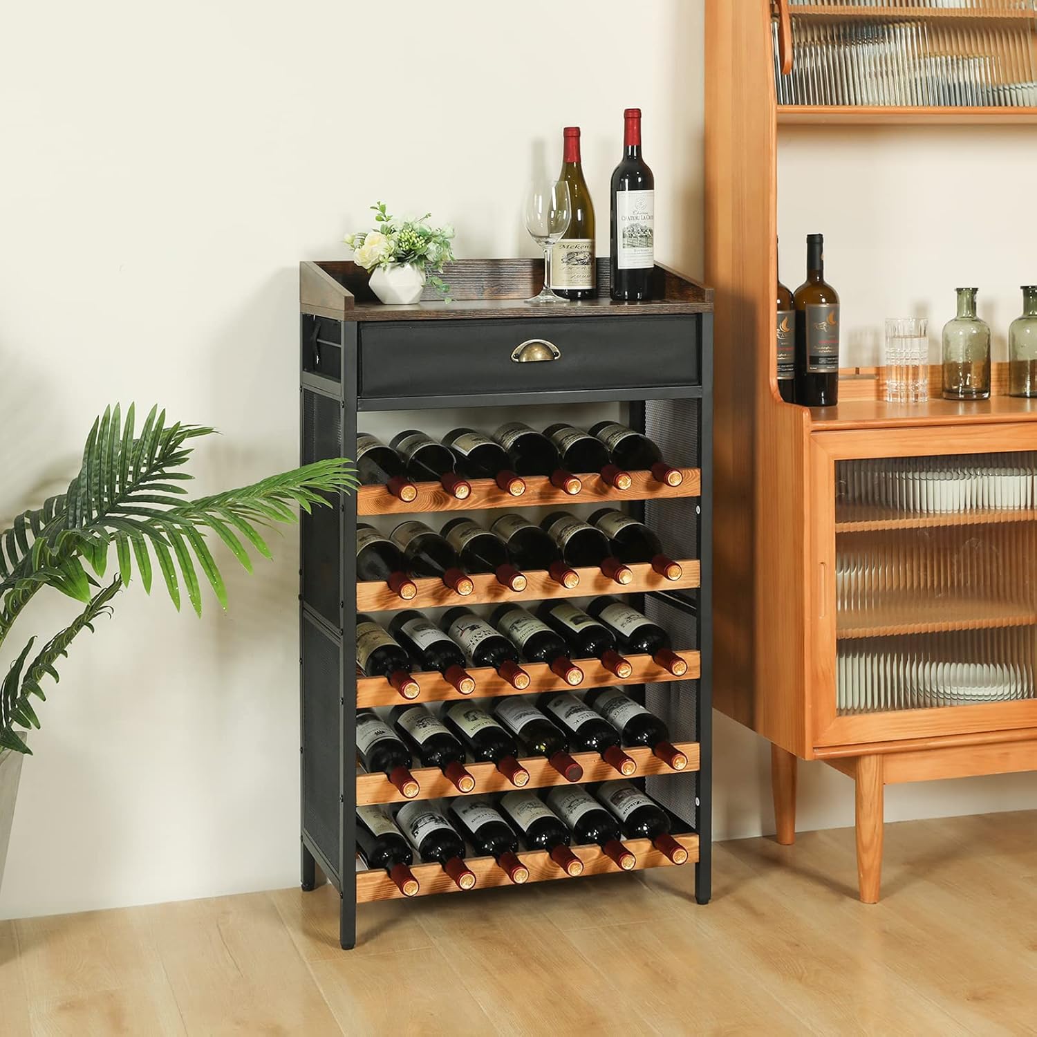 30 Bottles Floor Wine Rack Freestanding with Fenced Wood Top and Drawer 5 Tier Wine Bottle Holder Organizer Storage Stand Shelf for Pantry Bar Kitchen, 23.6''L x 11.8''W x 41.3''H : Home & Kitchen