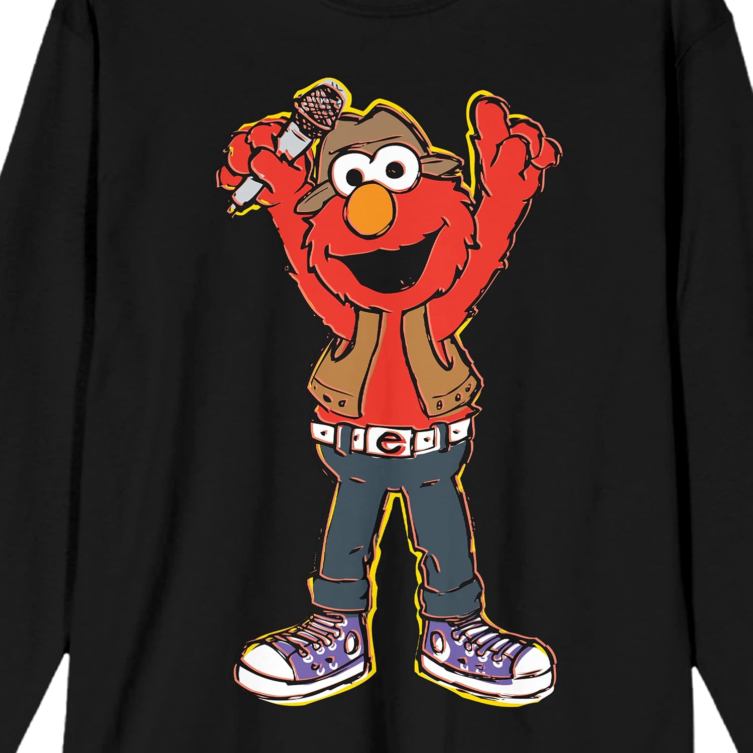 Sesame Street Elmo with Microphone Men's Black Long Sleeve Shirt