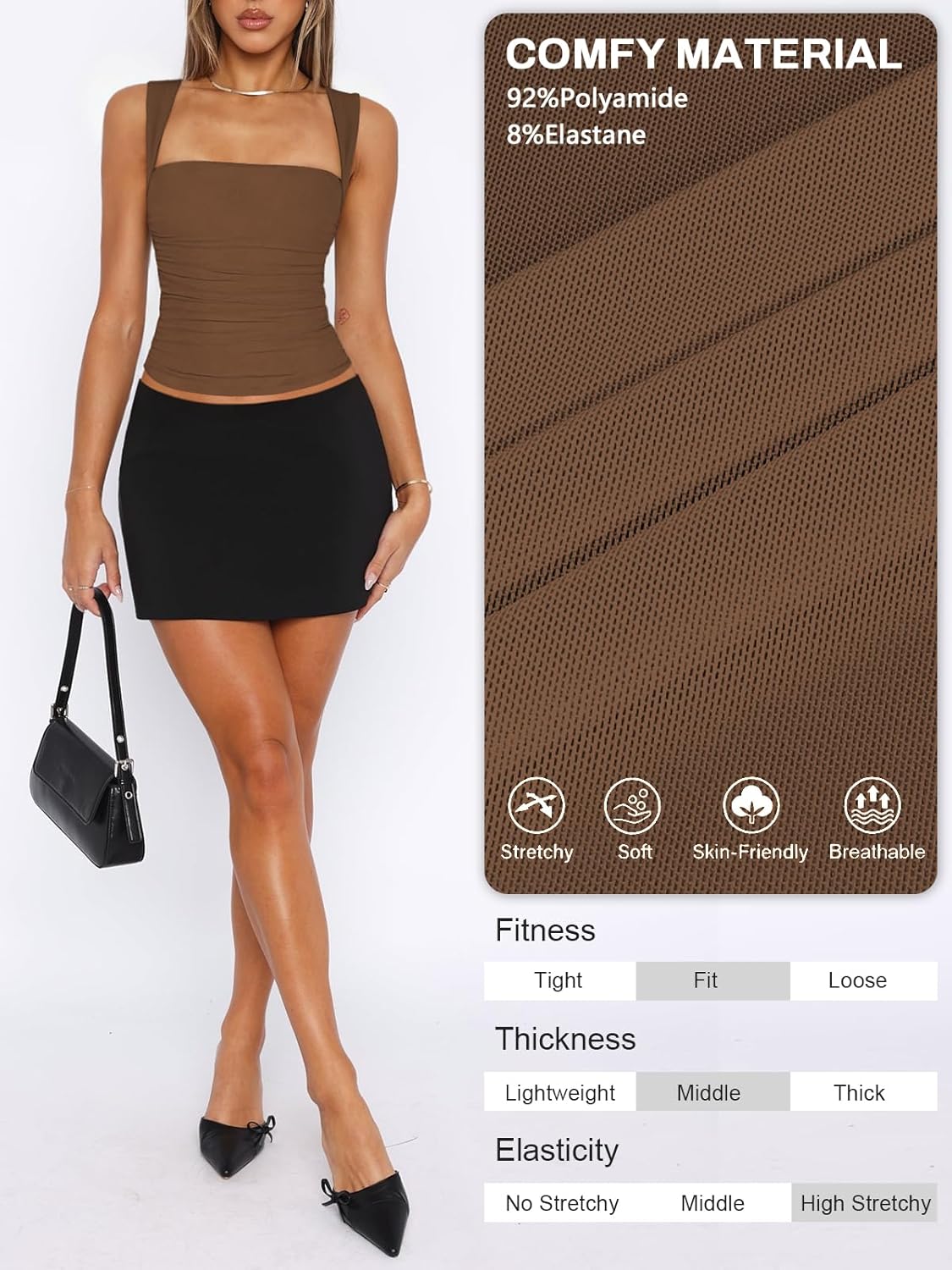 Womens Square Neck Tank Top Mesh Side Ruched Double Lined Y2k Trendy Going Out Tops Summer Basics Clothes - Image 4