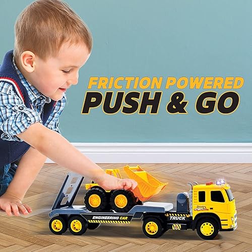 Miniatura 4 de MOBIUS Toys Camión de cama plana con excavadora de juguete tractor  escala 112, juego de vehículos de construcción Push and Go, luces y sonidos para