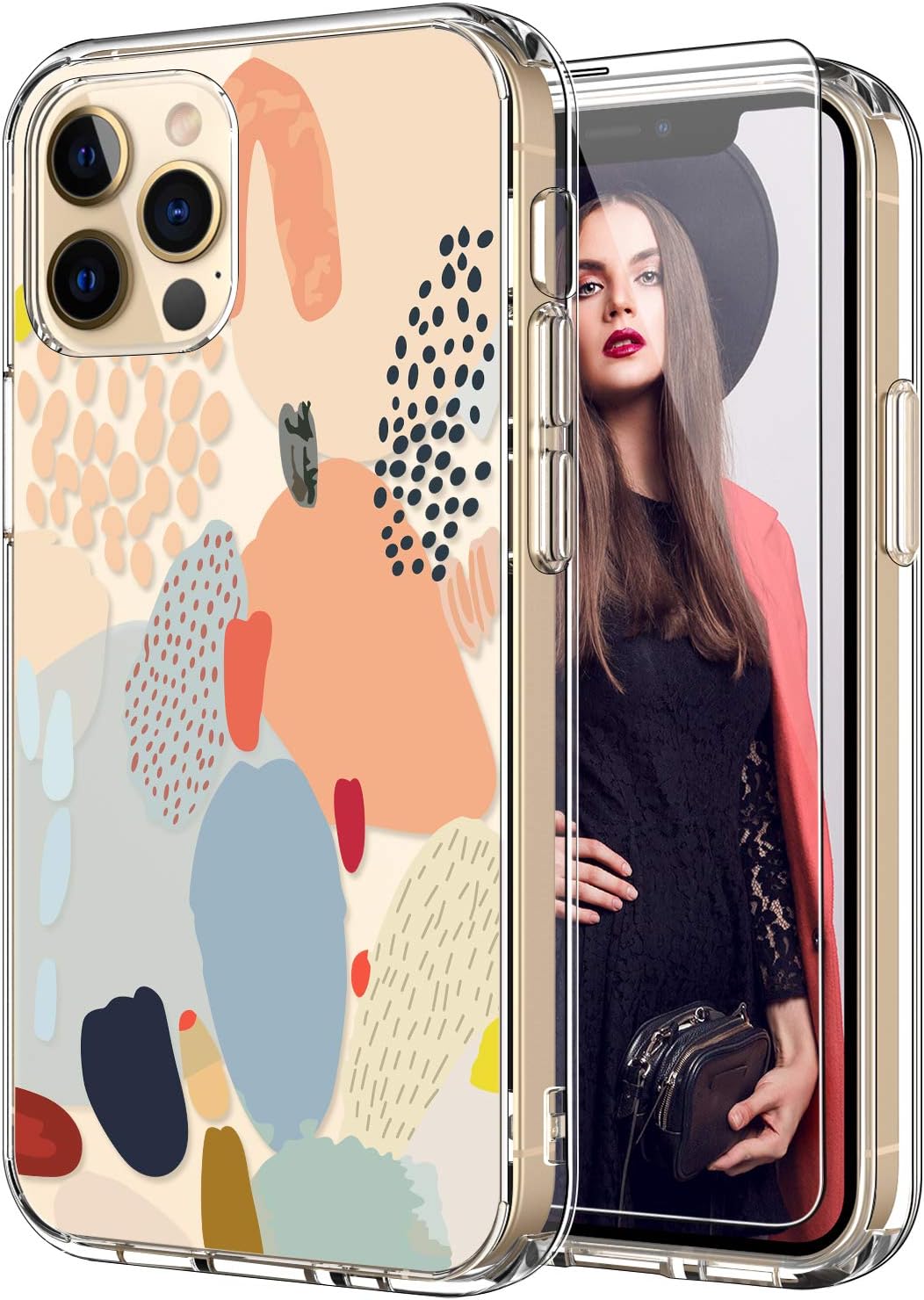 ICEDIO for iPhone 12 Pro Max Case with Screen Protector,Fashionable Multi-Colored Painting Patterns for Girls Women,Slim Fit Clear TPU Cover,Protective Phone Cover