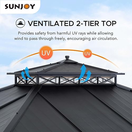 Miniatura 3 de Sunjoy Gazebo negro de 2 niveles para patio al aire libre, 11 x 13 pulgadas, con gancho de techo de metal y red