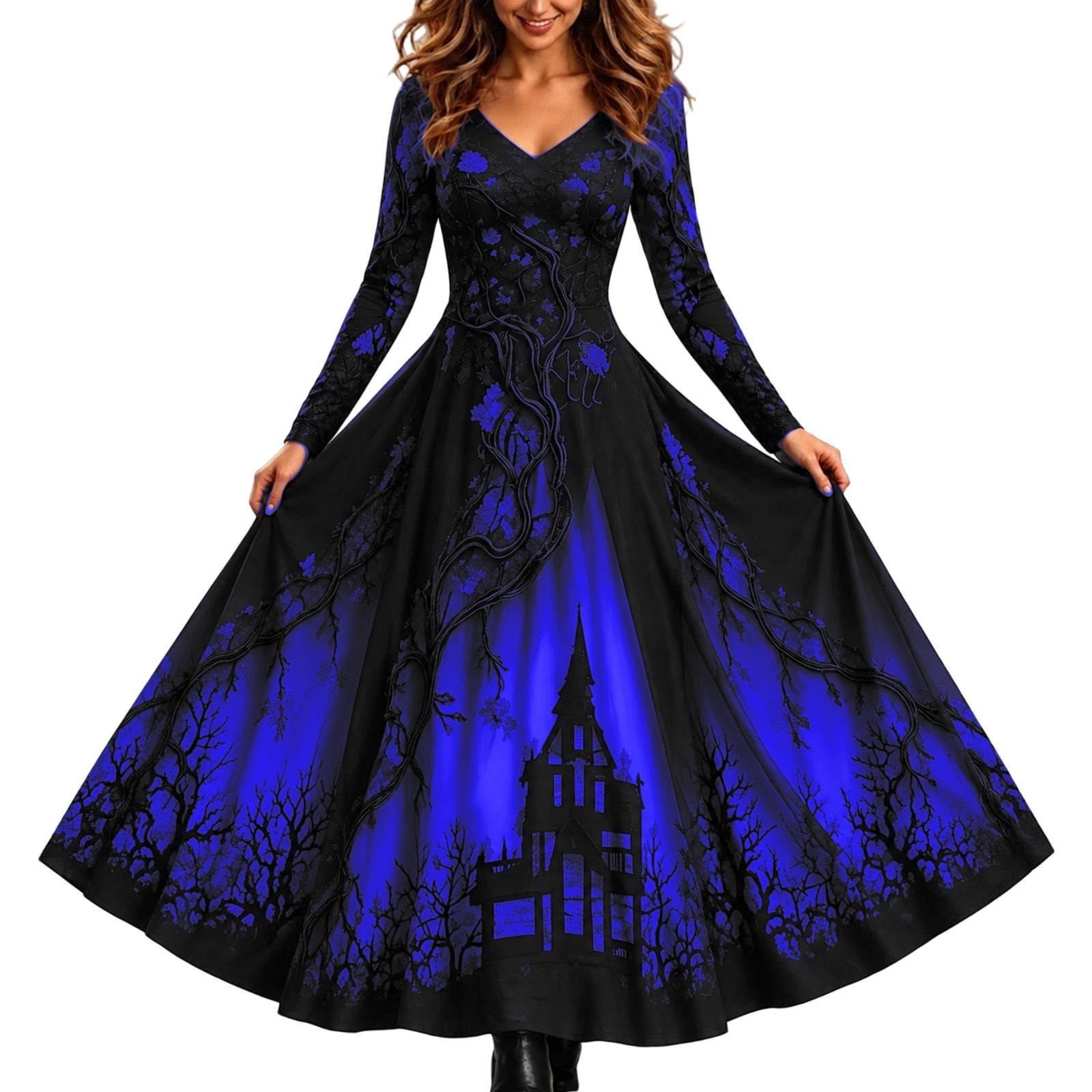 Witch Costume for Women Halloween Gothic Vintage Dress Branch Print Floor Length Dresses V-Neck Long Sleeve A-Line Vampire Evening Gown for Fancy Dress Party Events Cosplay S-5XL