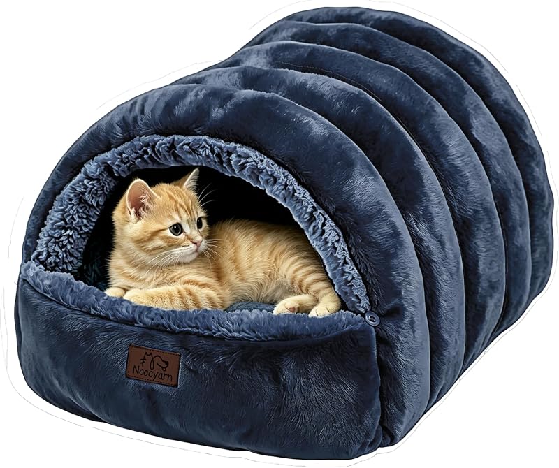 Cama Toca para Gatos 2 em 1 com Zíper, Fleece e Flanela, Noocyarn, Azul-marinho