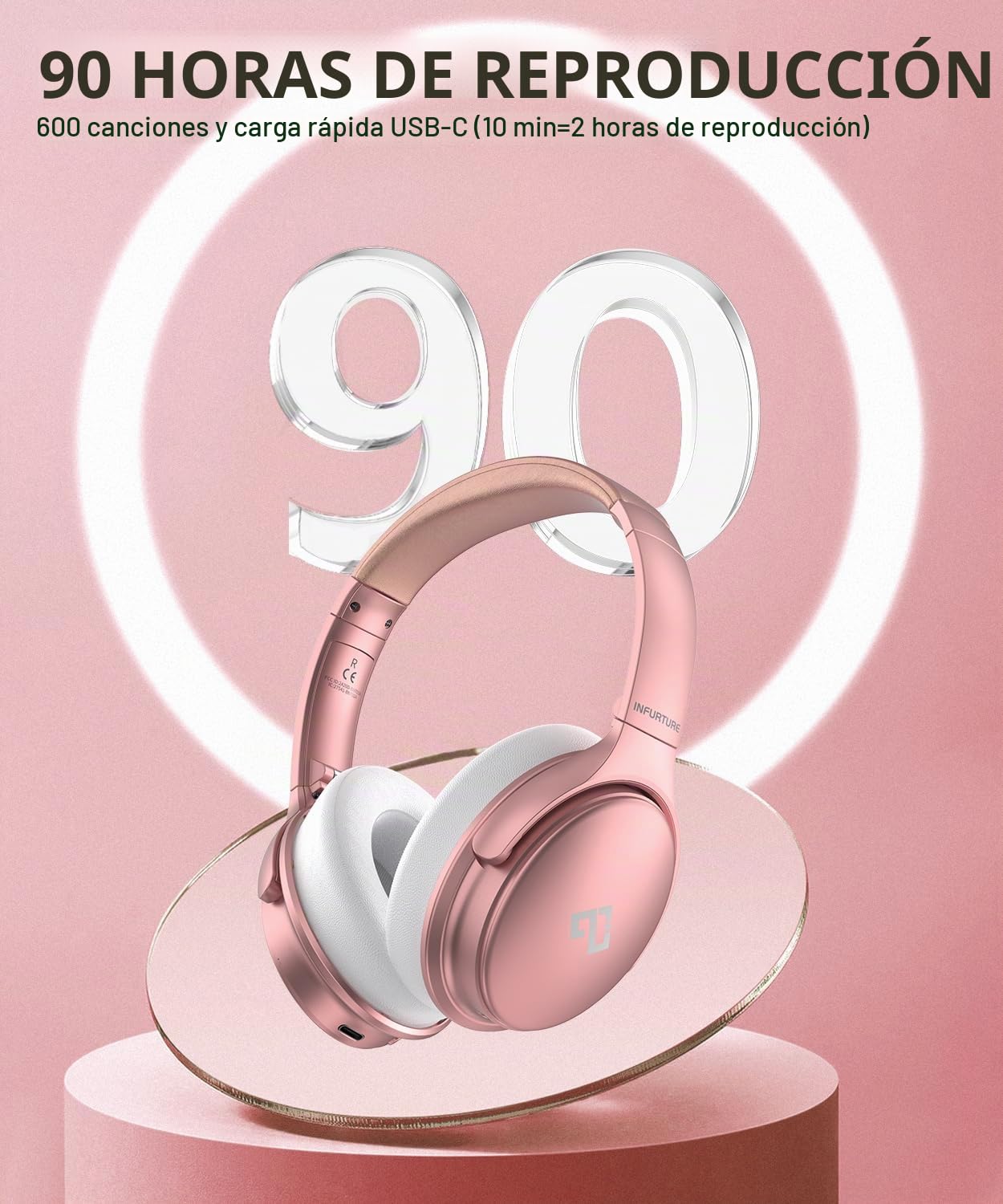INFURTURE Auriculares Inalámbricos Bluetooth, hasta 90 Horas de Autonomía con Carga Rápida y Estilo Diadema,Regalos para Hombres, Mujeres,Adolescentes,Yoga,Entrenamiento,Fitness,Relax,Viajes - Rosa