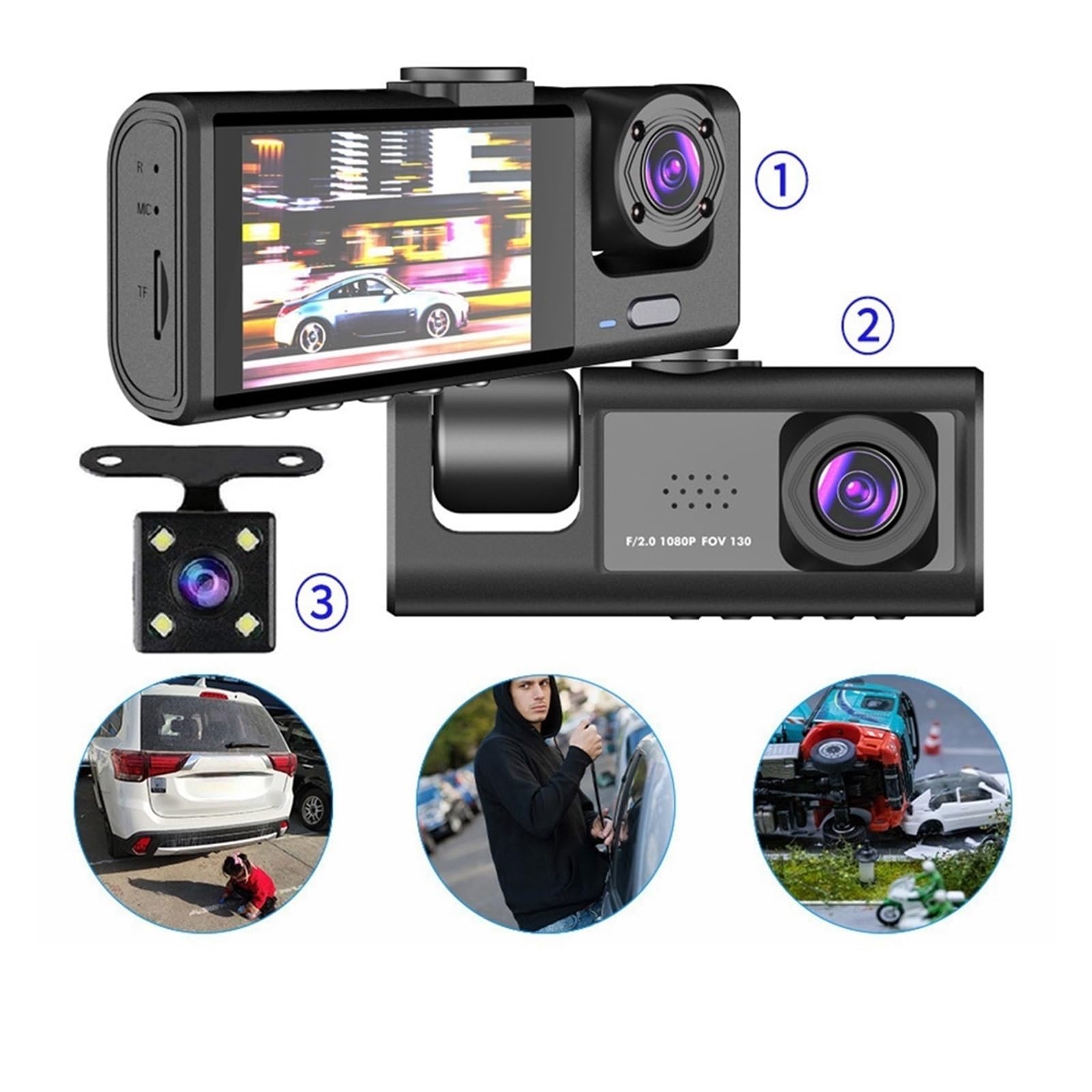 Dash Cam ABS Auto con 3 obiettivi, schermo da 2 pollici, fotocamera ricaricabile alimentata a batteria