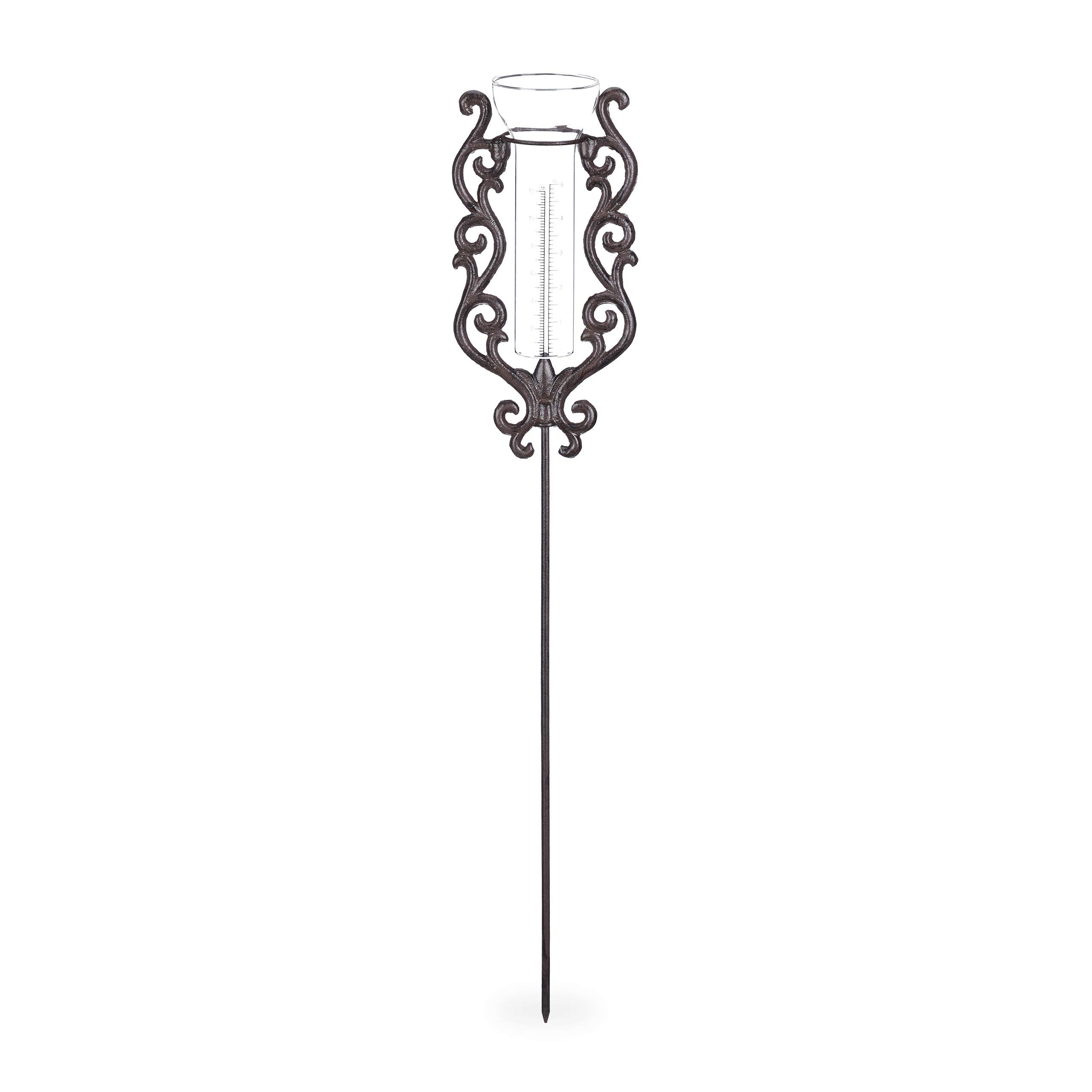Relaxdays Regenmesser Vintage, mit Erdspieß, Niederschlagsmesser, antik, 12 cm, 5 inch, Glas, Metall, verziert, bronze