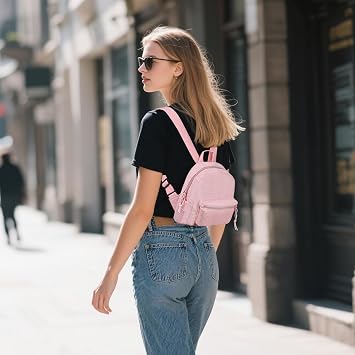FuninCrea Corduroy Mini Backpack for Women, 4 L Small Backpack Purse Cute Mini Bookbag Little Backpacks with Front Pocket, Pink, Mini