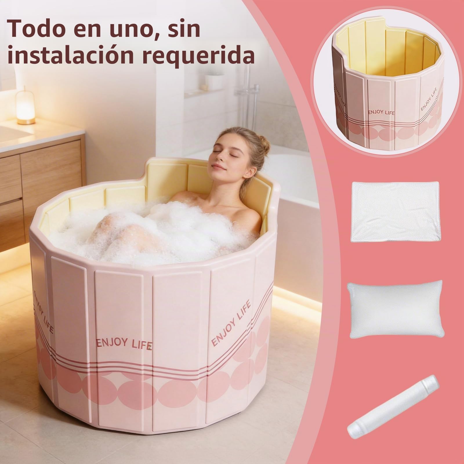 Bañera Plegable para Adultos, 80x70 cm (An x Al) Bañera Portátil con Respaldo Ergonómico en C Cubeta de Hielo para Recuperación Deportiva y Baños Calientes para Duchas Pequeñas Exterior y Spa en Casa