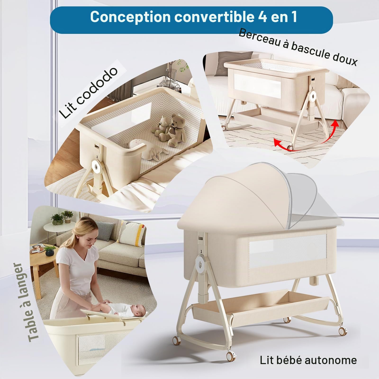 Lit Cododo Bébé 4 en 1 Modifiable en Berceau | Lit Bébé Adjustable 6 Hauteurs (0-3 Ans) avec Matelas, Table à Langer, Filet et Panier de Rangement | Côté Lit Parent (Beige)